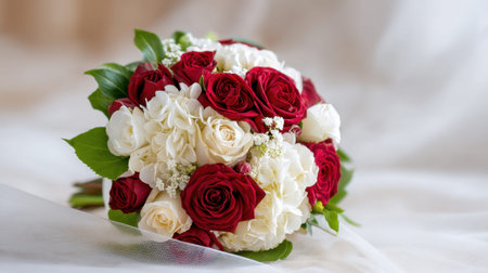 A stunning bouquet featuring vibrant red and soft white roses, complemented by delicate hydrangeas, perfect for weddings and special occasions, creating a romantic atmosphere.の素材