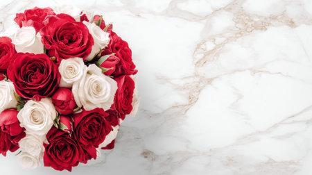 A stunning bouquet featuring an exquisite mix of red and white roses on a smooth marble background, ideal for adding elegance to any romantic setting or event.の素材