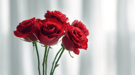 A beautiful arrangement of fresh red roses in a glass vase showcases elegance and romance, perfect for decorating any space or as a thoughtful gift for loved ones.の素材
