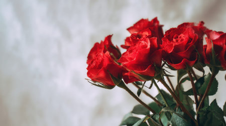 A stunning arrangement of red roses showcases their vibrant petals and lush green leaves, creating a romantic atmosphere perfect for celebrations or heartfelt gifts.の素材