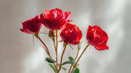 A stunning display of fresh red roses, featuring lush green leaves and soft petals, beautifully arranged against a warm and inviting background perfect for any occasion.の素材