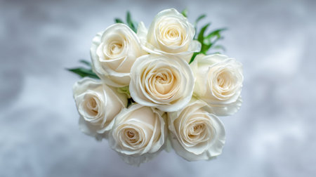 A stunning top view of a bouquet featuring fresh white roses surrounded by vibrant greenery, perfect for evoking feelings of elegance and serenity in any floral design.の素材