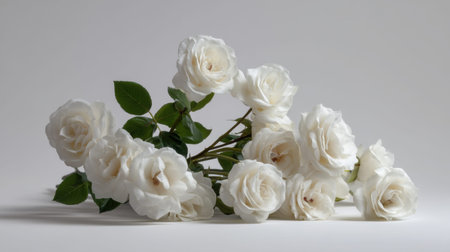 A stunning arrangement of white roses with lush green leaves, showcasing elegance and purity. Perfect for themes of romance, floral design, and serene decoration.の素材