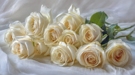 A stunning display of fresh white roses arranged elegantly on a soft fabric background, illuminated by gentle natural light, perfect for romantic occasions or floral art.の素材