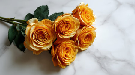 A stunning arrangement of bright yellow roses on a marbled background, perfect for capturing the essence of romance and elegance in floral design.の素材