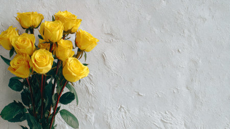 A captivating display of ten vibrant yellow roses elegantly positioned against a textured neutral background. Ideal for themes of love, celebration, and nature.の素材