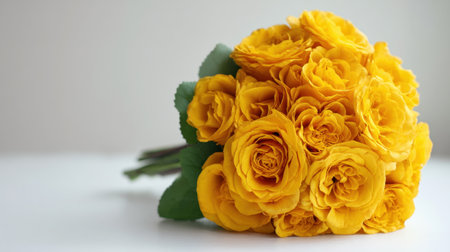 This stunning bouquet of vibrant yellow roses, accented with lush green leaves, brings joy and elegance to any space or event, ideal for celebrations and home decor.の素材