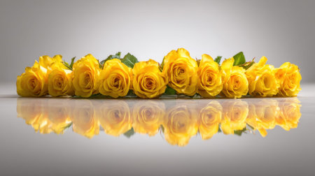 A stunning display of yellow roses arranged in a line, creating a captivating floral scene. The reflection on the smooth surface adds elegance and beauty. Perfect for decoration.の素材