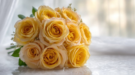 A stunning bouquet of fresh yellow roses elegantly arranged, showcasing their natural beauty against a soft, blurred background, ideal for various celebrations.の素材