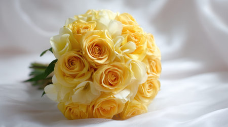 A beautiful bouquet featuring a blend of yellow roses and delicate white flowers, perfect for weddings or romantic events, radiating joy and elegance in any setting.の素材