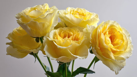 A stunning close-up view of yellow roses arranged beautifully, radiating warmth and charm. Perfect for romantic settings, celebrations, and floral decorations.の素材