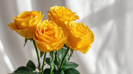 Bright yellow roses with lush green leaves showcase natural beauty in soft white light, perfect for floral arrangements, gifts, or celebrating special moments.の素材