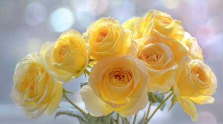 A stunning bouquet of yellow roses showcases fresh petals and a soft, sparkling background, ideal for nature-themed projects or floral designs. Perfect for celebrations.の素材