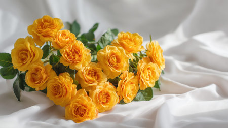 A stunning group of fresh yellow roses arranged beautifully on a soft white fabric, creating a serene and cheerful atmosphere perfect for various themes and projects.の素材