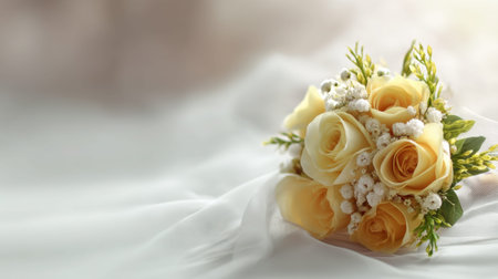 This elegant bouquet features soft yellow roses complemented by delicate white flowers, perfect for weddings and special occasions, creating a romantic atmosphere.の素材
