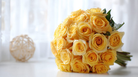 A stunning arrangement of yellow roses showcased in beautiful soft light, ideal for special events, weddings, or as a thoughtful gift for loved ones.の素材