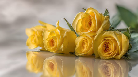 A captivating display of fresh yellow roses elegantly arranged on a marble surface, showcasing their beauty and vibrant color under soft natural light. Perfect for any occasion.の素材