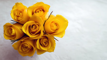 A stunning display of vibrant yellow roses arranged beautifully against a soft white background, ideal for adding a cheerful touch to any celebration or event.の素材