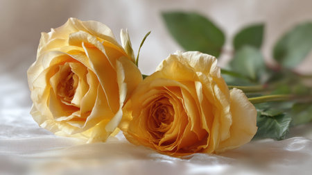 Two exquisite yellow roses gracefully rest on a satin background, showcasing their delicate petals and creating a serene atmosphere perfect for floral arrangements and romantic occasions.の素材