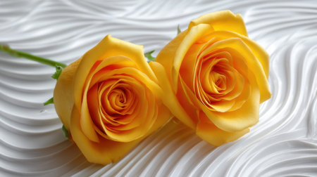 Experience the beauty of two radiant yellow roses against a soft white textured background, embodying freshness, elegance, and natural beauty perfect for any occasion.の素材