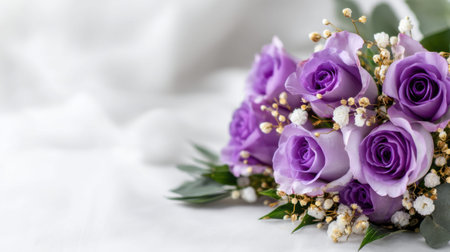 A stunning bouquet of lavender roses intertwined with delicate white flowers, set against soft white fabric. This arrangement embodies beauty and elegance. Perfect for various floral inspirations.の素材