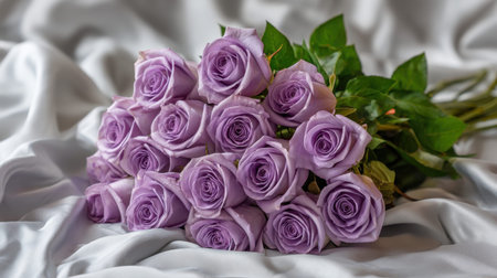 A stunning arrangement of lavender roses set against a soft satin background, ideal for romantic settings, gifts, or floral decoration for any occasion.の素材