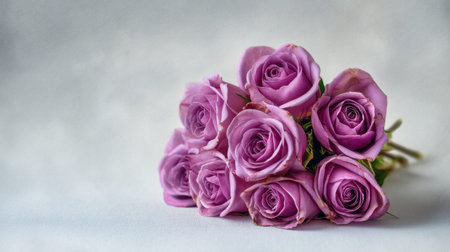 A stunning bunch of fresh purple roses delicately arranged against a soft grey background, ideal for capturing moments of love and beauty in photography.の素材