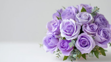 A stunning arrangement of lavender roses surrounded by fresh greenery, perfect for weddings, celebrations, or as a beautiful gift to convey love and elegance.の素材