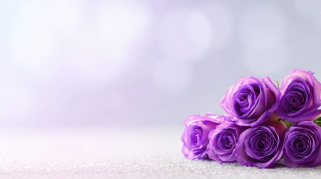 A stunning display of fresh purple roses, arranged beautifully against a soft bokeh background, perfect for celebrating love and elegance in any setting.の素材