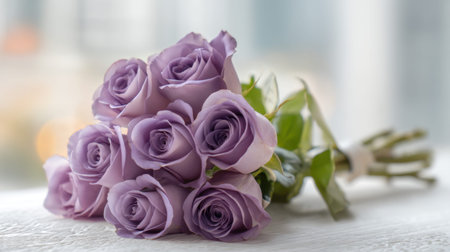 A stunning bouquet of lavender roses delicately arranged on a wooden surface, creating a romantic atmosphere perfect for celebrations or special moments.の素材