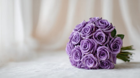 A stunning bouquet of fresh purple roses arranged elegantly on a soft background, perfect for weddings, romantic settings, or a thoughtful gift for loved ones.の素材