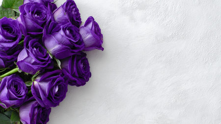 A stunning arrangement of purple roses set against a soft textured background. Perfect for weddings, celebrations, or as a beautiful gift for loved ones.の素材