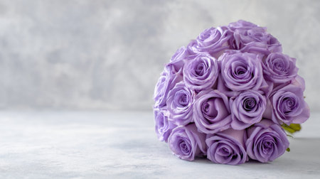 This stunning bouquet of lavender roses displays enchanting beauty against a soft gray backdrop, perfect for weddings, celebrations, or floral decorations.の素材
