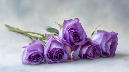 This exquisite image features a delicate arrangement of lavender roses set against a soft background, perfect for elevating any space or occasion with elegance and beauty.の素材