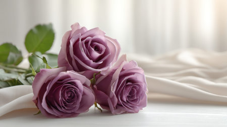 A stunning display of three lavender roses set against a silky fabric in soft light, perfect for themes of romance, beauty, and elegance in decor.の素材