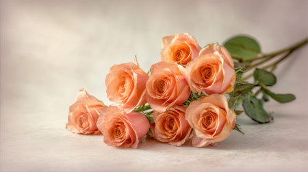 A beautifully arranged bouquet of peach roses set against a soft background, perfect for use in floral designs, celebrations, and romantic themes. Ideal for various projects.の素材