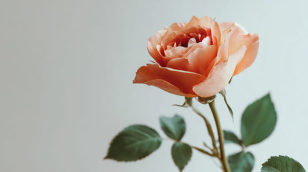 A stunning peach rose stands gracefully against a soft backdrop, highlighting its delicate petals and lush green leaves, perfect for various decorative themes.の素材
