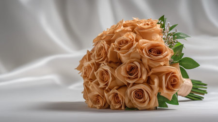 This stunning arrangement features a bouquet of soft peach roses artfully displayed on elegant satin fabric, ideal for enhancing romantic occasions and celebrations.の素材