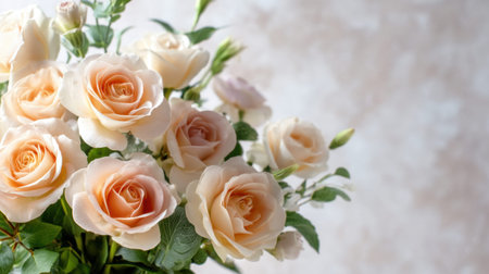 A stunning arrangement of peach roses captures the essence of elegance and romance, ideal for any occasion requiring beauty and charm in floral design.の素材