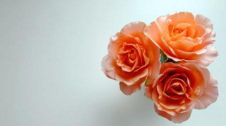 A stunning capture of three peach roses with delicate petals, elegantly arranged against a soft background, inspiring freshness and romance for any occasion.の素材