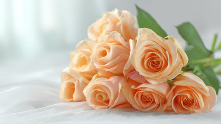 A beautiful arrangement of soft peach roses displayed on delicate fabric, perfect for capturing themes of romance, elegance, and serenity in visual projects.の素材