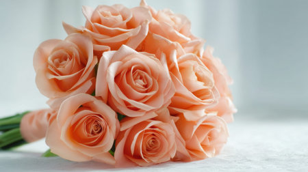A beautiful arrangement of peach roses in a bouquet, capturing the delicate beauty of nature. Perfect for celebrations, weddings, or romantic gestures.の素材