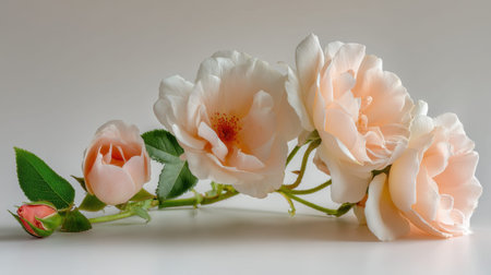 Beautiful arrangement of soft peach roses showcasing delicate petals and lush green leaves, ideal for adding a romantic touch to any project or setting.の素材