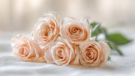Delicate soft pink roses arranged gracefully on a light surface, creating an elegant and romantic atmosphere ideal for weddings, celebrations, or special moments.の素材