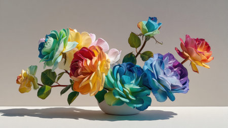A stunning floral arrangement showcasing a variety of bright, multicolored roses and blooms. This artful display brings warmth and cheerfulness to any space.の素材