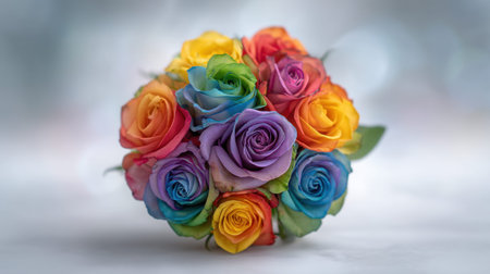 A stunning arrangement of multicolored roses bathed in soft light, showcasing a captivating blend of colors perfect for any celebration or romantic occasion.の素材