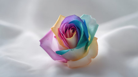 A stunning, multicolored rose with vibrant petals resting gracefully on soft white fabric. Ideal for floral design, art projects, and decorations emphasizing beauty.の素材