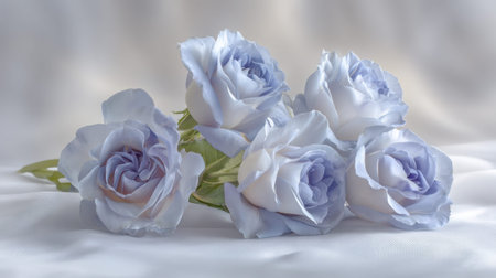 A beautiful arrangement of light blue roses set against a softly textured background. This image captures elegance and tranquility, perfect for floral designs or romantic themes.の素材