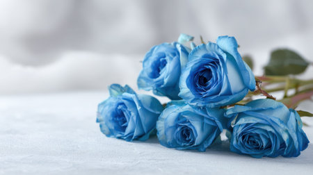 Five stunning blue roses gracefully arranged against a soft blurred background, embodying elegance and romance, ideal for artistic or floral themed projects.の素材