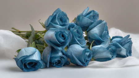 Delicate blue roses create an enchanting arrangement on soft white fabric, ideal for enhancing floral designs, wedding themes, or artistic photography projects.の素材